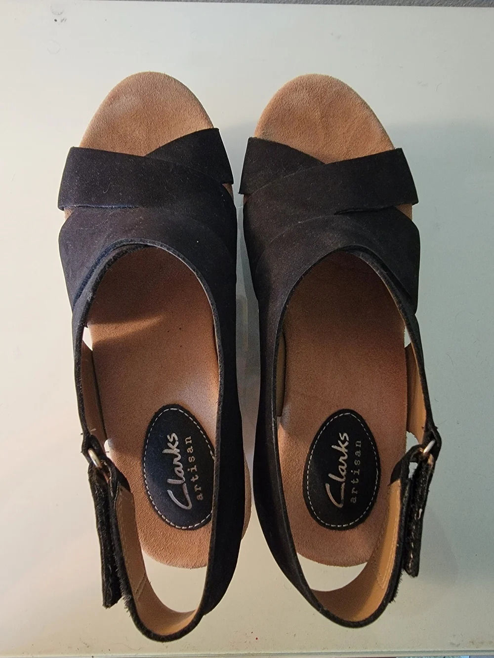 Clarks Artisan Black Suede Cork Wedge Slingback Sandals